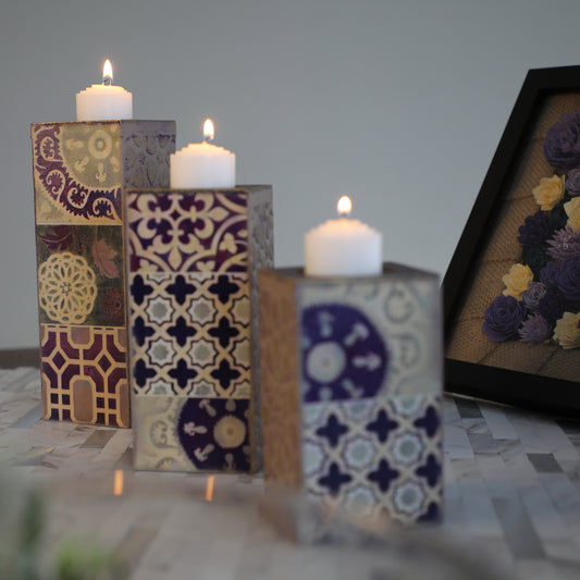 Oriental Wooden Candle Holder - Set of 3 Candles - Laila Beauty Care Candles