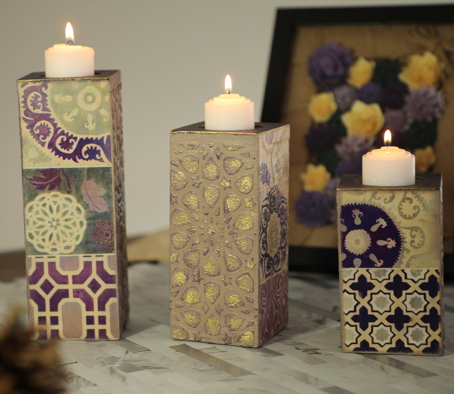 Oriental Wooden Candle Holder - Set of 3 Candles - Laila Beauty Care Candles