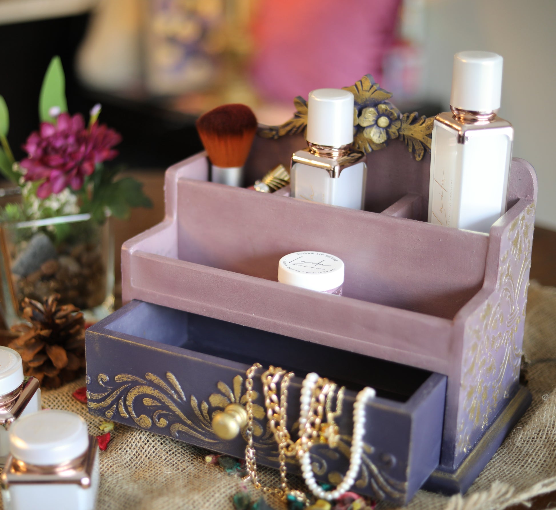 Purple & Gold Makeup Organizer Jewelry Box - Laila Beauty Care Jewelry Box