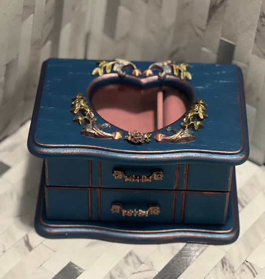 Shiny Navy Blue with Floral Motif Jewelry Box