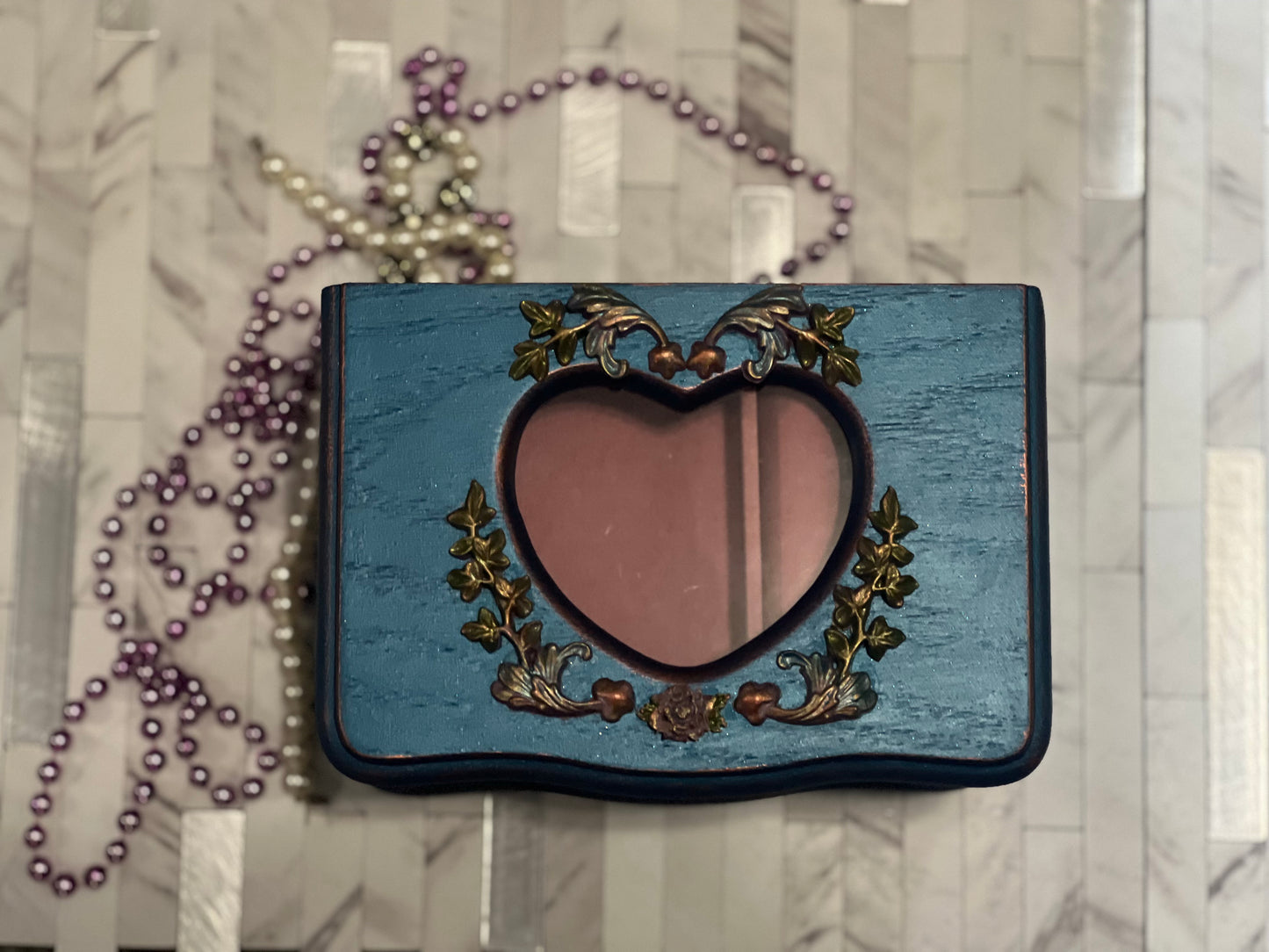 Shiny Navy Blue with Floral Motif Jewelry Box