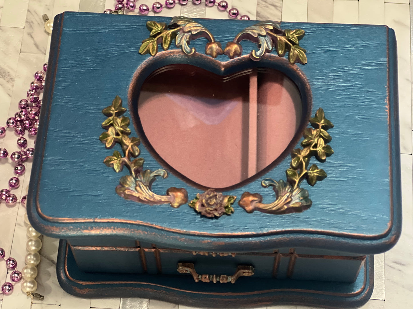 Shiny Navy Blue with Floral Motif Jewelry Box