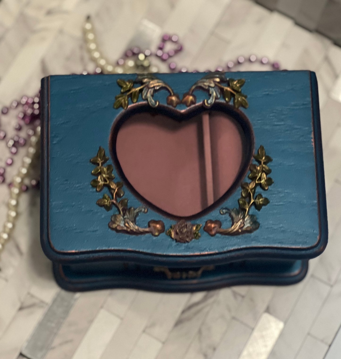 Shiny Navy Blue with Floral Motif Jewelry Box