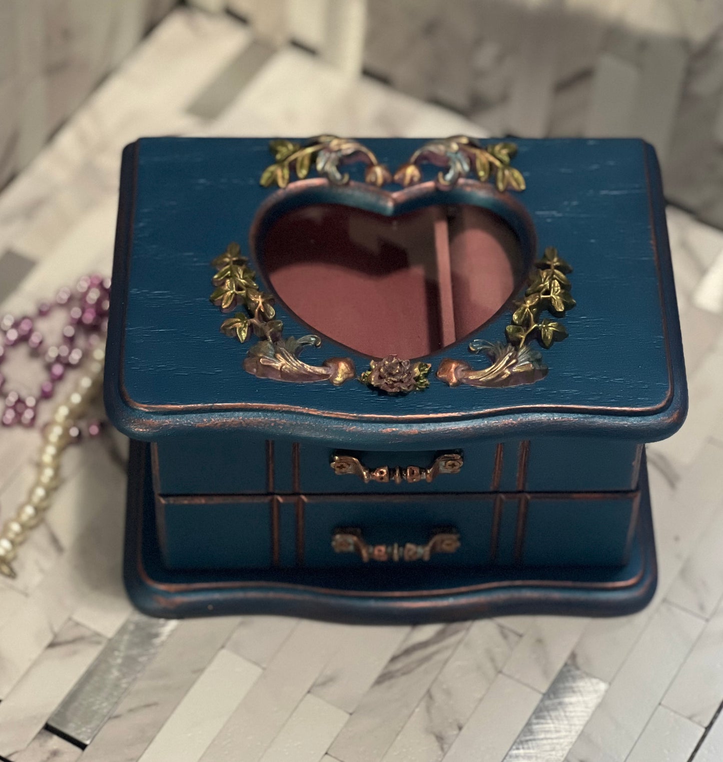 Shiny Navy Blue with Floral Motif Jewelry Box