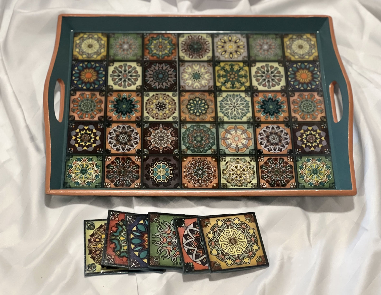 Ramadan Vibes Green Tray with Coasters