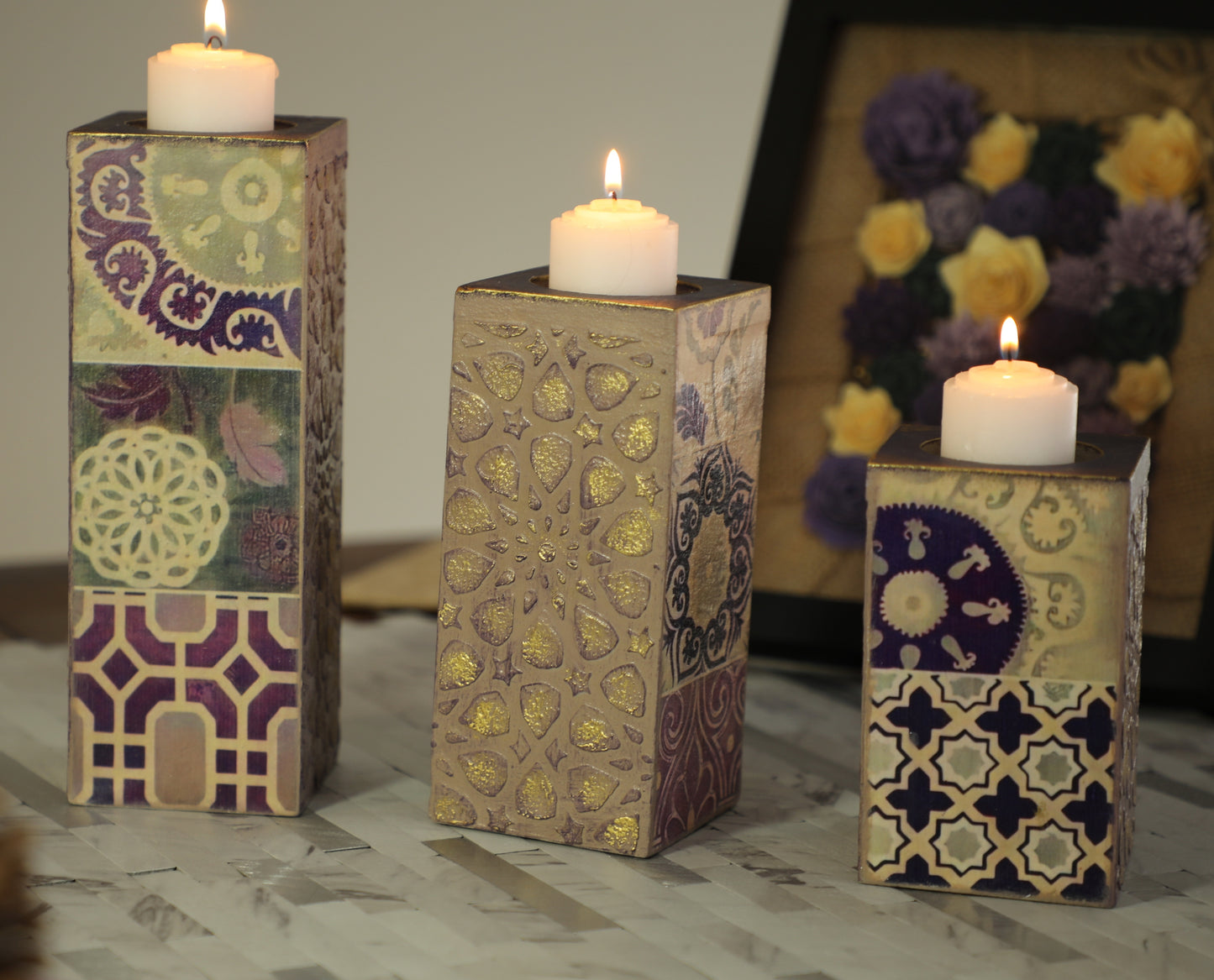 Oriental Wooden Candle Holder - Set of 3 Candles - Laila Beauty Care Candles