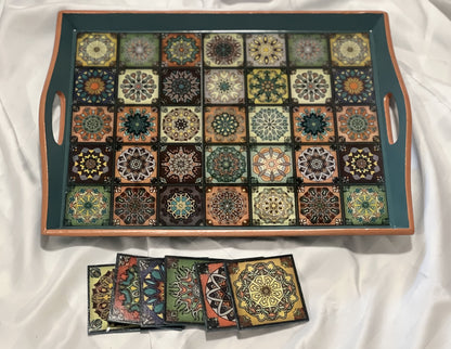 Ramadan Vibes Green Tray with Coasters