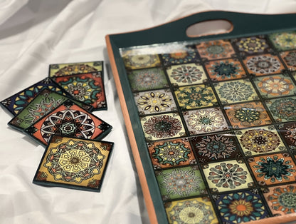 Ramadan Vibes Green Tray with Coasters
