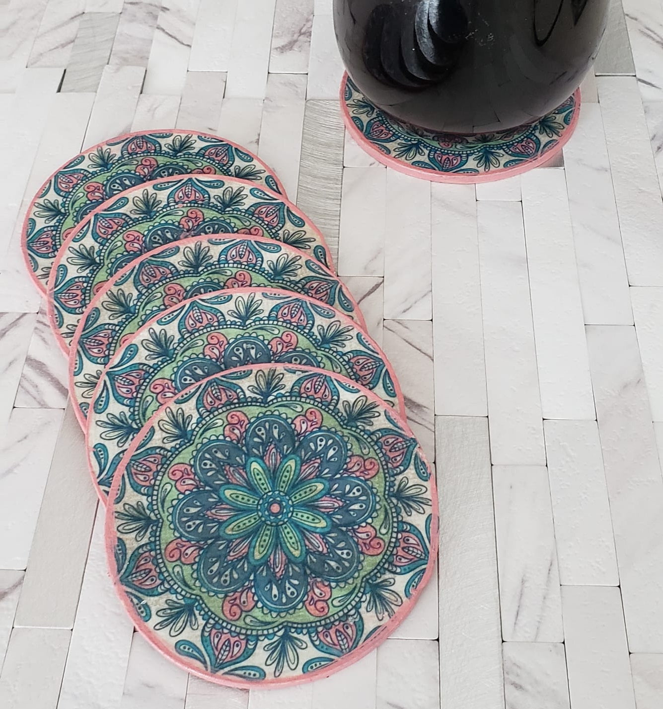 Oriental Light Wood Coasters - Set of 6 Rounded Coasters - Laila Beauty Care Coasters